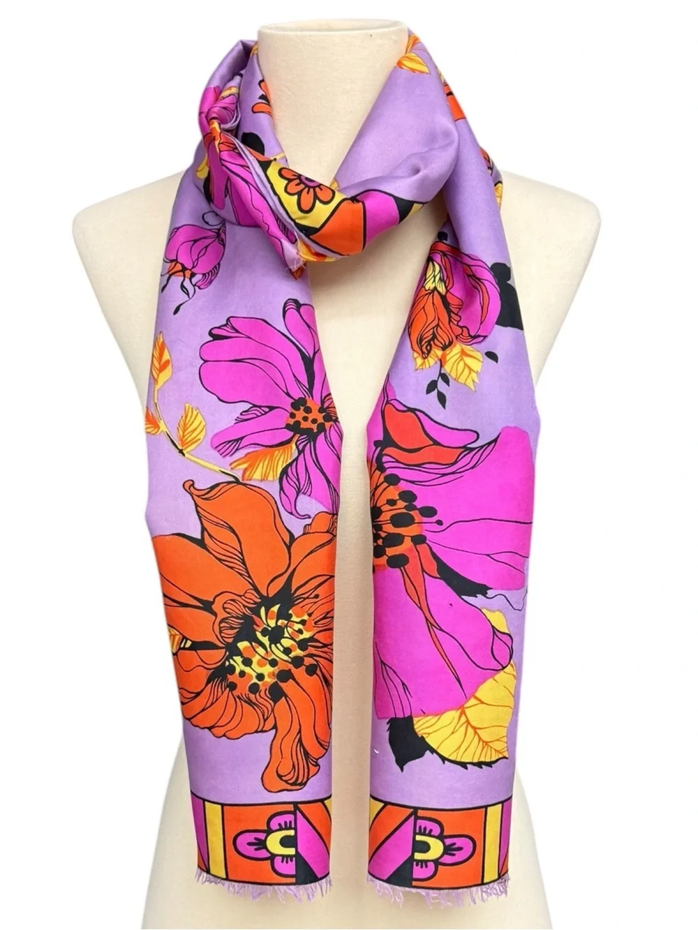 Sant’ Angelo Purple Floral Silk Scarf Luxury Vintage Mod 70s Tropical Floral